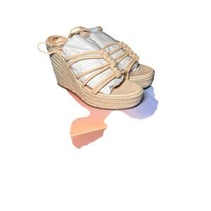 NWT Lisa Vicky beige sheep napa espadrille‎ ankle wrap wedge heels womens 8